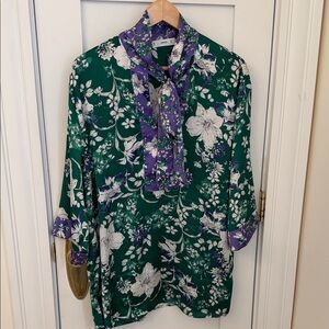 Mango Green Floral Tie-Neck Blouse with Purple Scarf Detail